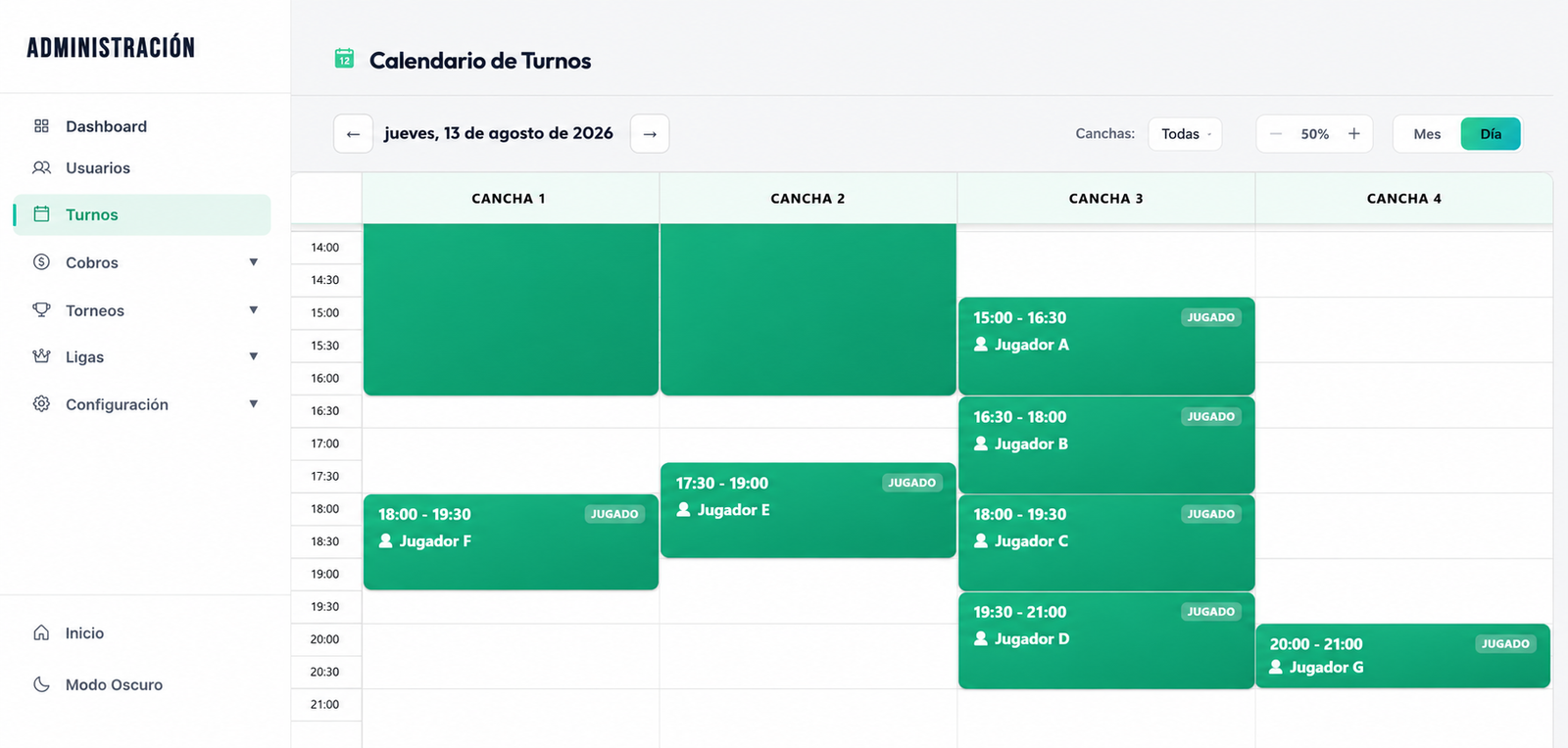 Vista de turnos en TurNext